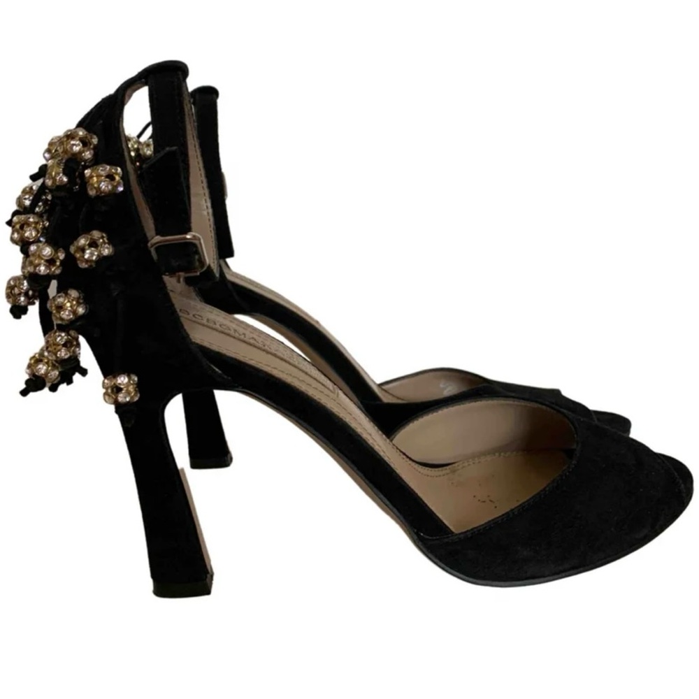 BCBGMaxAzria Black Suede Open Toe Rhinestone Embellished Heels